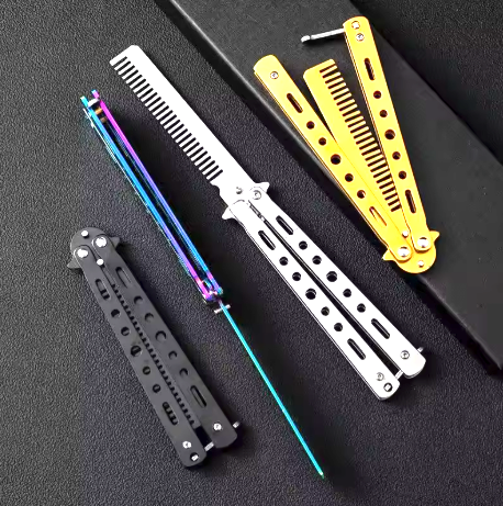 Butterfly Comb Trainer – Stainless Steel Folding Butterfly Knife Style Comb